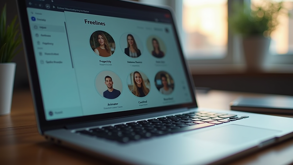 Close-up view of a laptop screen displaying a freelance platform with 3D animator profiles