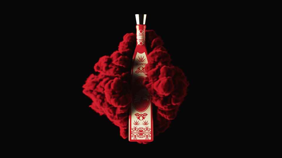 red bottle of tequila with red smoke around it CGI render