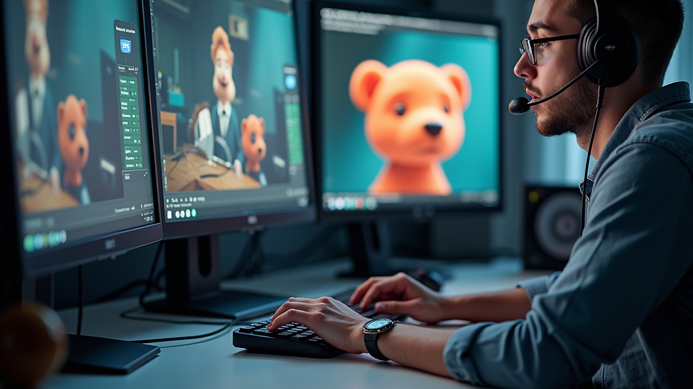 Close-up view of a 3D animator working on a computer with animation software