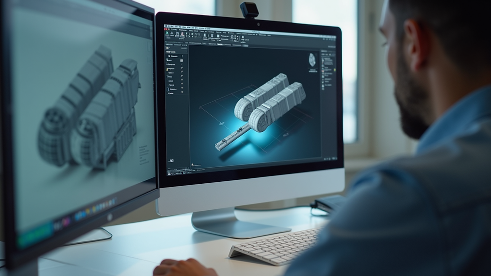 Eye-level view of a computer screen showing a 3D product model in a design software