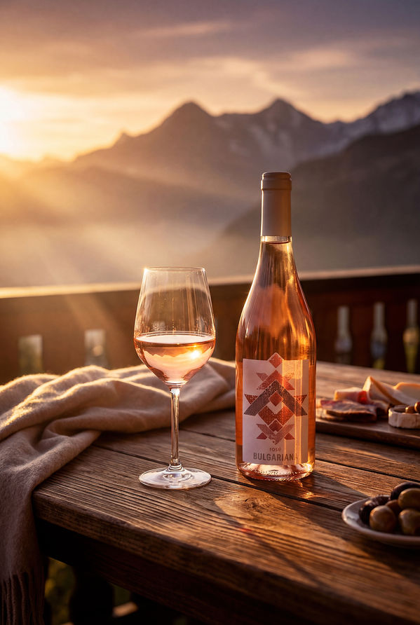 ottle of rosé wine and a filled wine glass on a wooden table at sunset, with mountain scenery in the background creating a warm and scenic atmosphere.