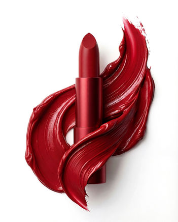 Red lipstick tube with a dynamic, glossy red makeup smear on a white background, cosmetic product visualization.