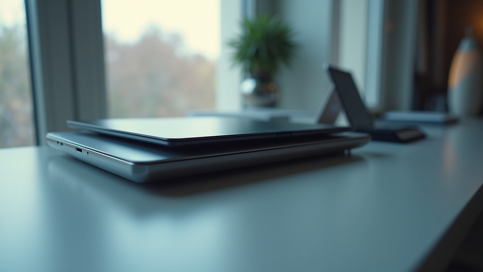 High angle view of sleek consumer electronics on a reflective surface