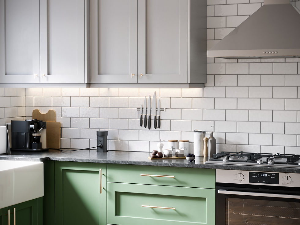 Modern kitchen with green cabinets, gray countertops, and subway tile backsplash. Knives on wall, coffee maker, and spices. Calm ambiance.