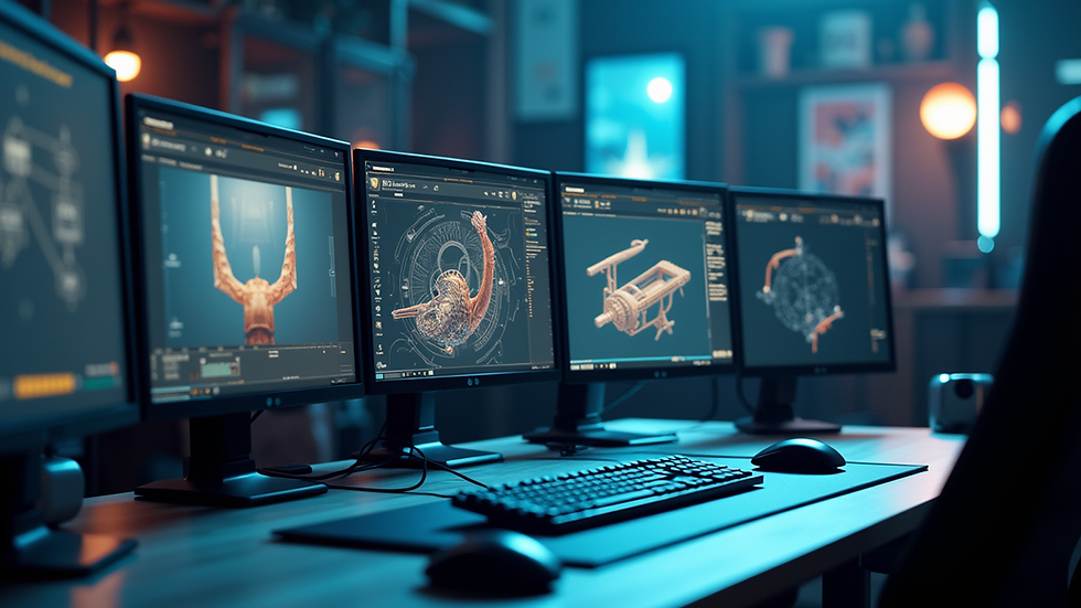 Eye-level view of a modern 3D modeling workstation with multiple screens