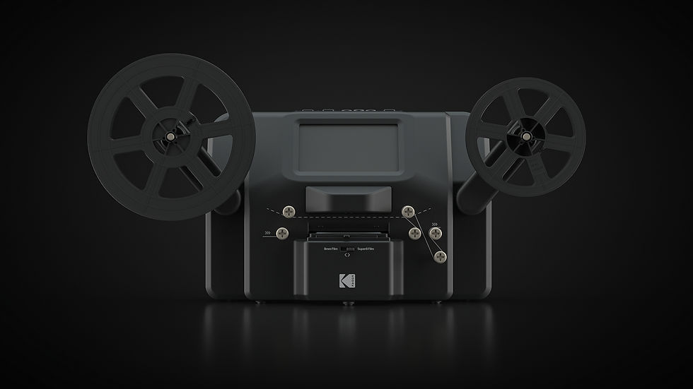 A vintage film projector with dual reels and a digital screen, set against a black background. Text includes "8mm Film" and "Super8 Film."