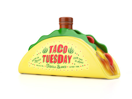 Taco-shaped tequila bottle with the text "Taco Tuesday" in red. Bright yellow with green and brown accents. Playful design on white background.