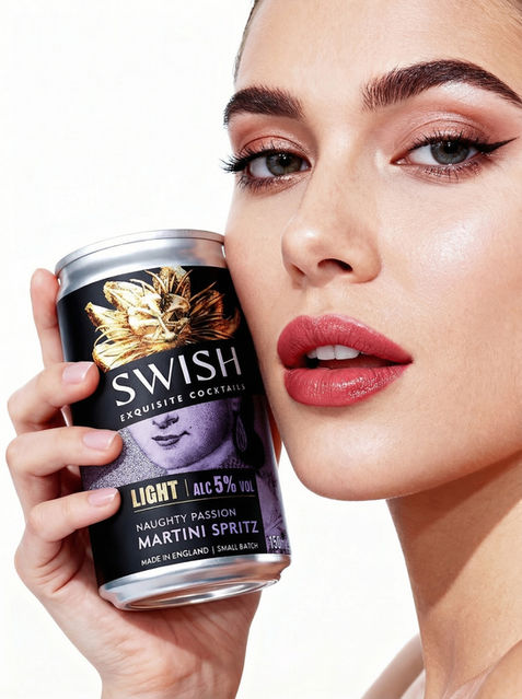 Woman with flawless makeup holding a Swish canned cocktail close to her face, showcasing the product in a clean, bright beauty-style setting.