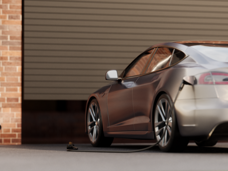 Electric car plugged in and charging near a brick wall. Sunlight casts shadows on the ground. The mood is calm and modern.