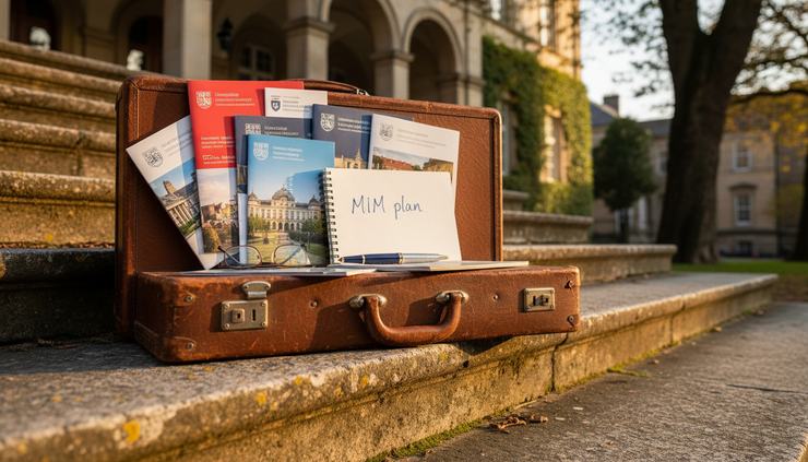 Close-up view of a suitcase with university brochures and a notebook on stone steps