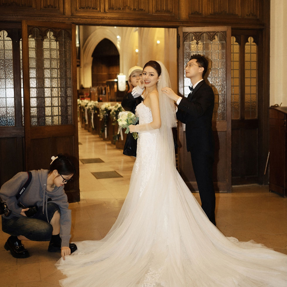 Wedding ceremony at the American Church in Paris. Bride wearing a TopBridal Paris rental gown with styling support before the aisle walk.