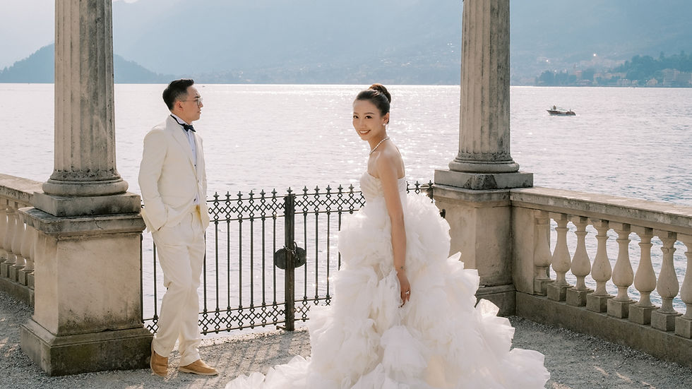 TopBridal Paris bride in a romantic prewedding photo by Lake Como, Italy — Paris wedding dress rental and destination wedding