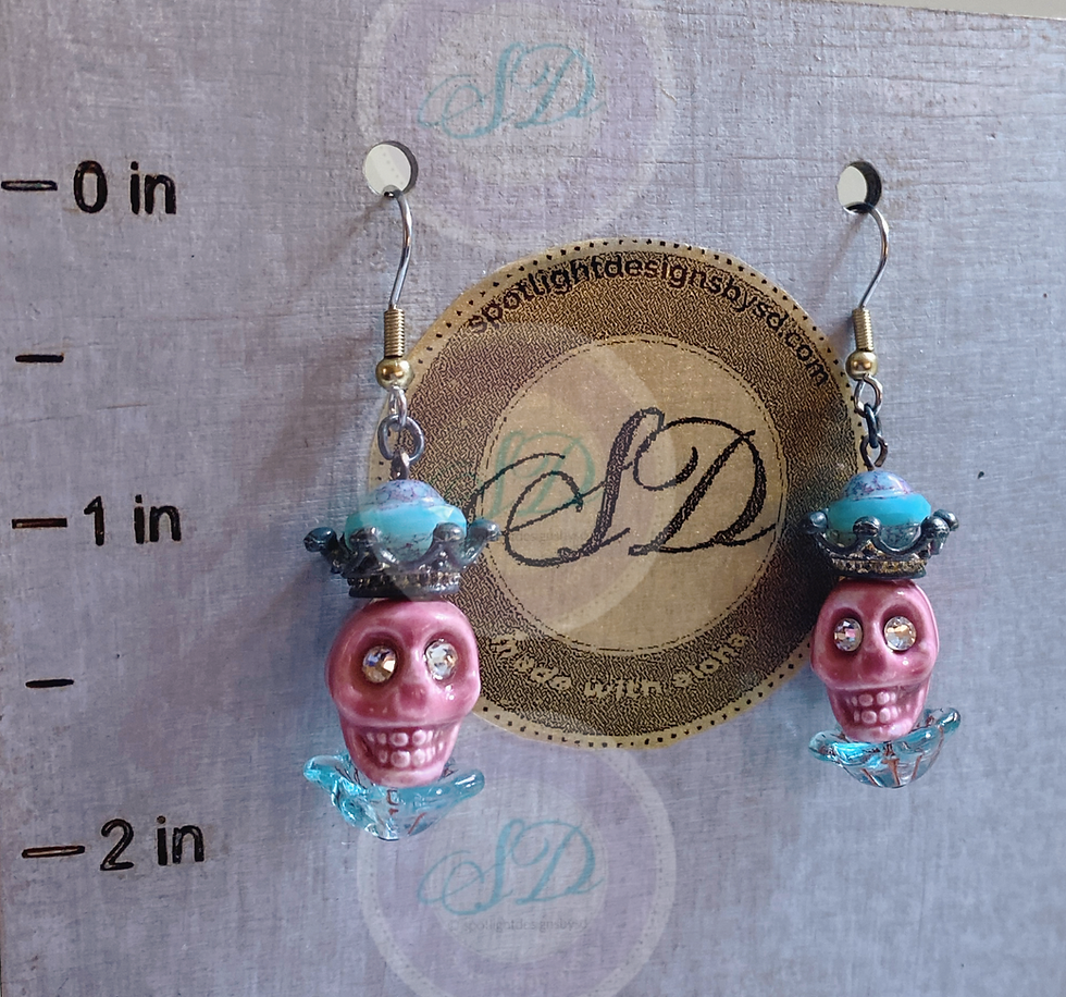 OOAK Handmade Pair of Pink ceramic SKULL and Czech glass beaded Earrings