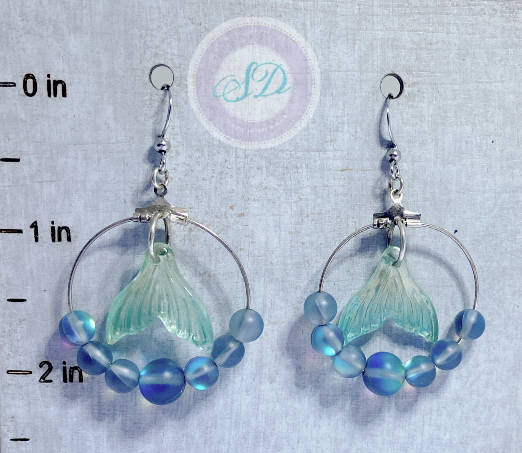 OOAK Handmade Pair of Aqua MERMAID TAIL glass beaded  Earrings