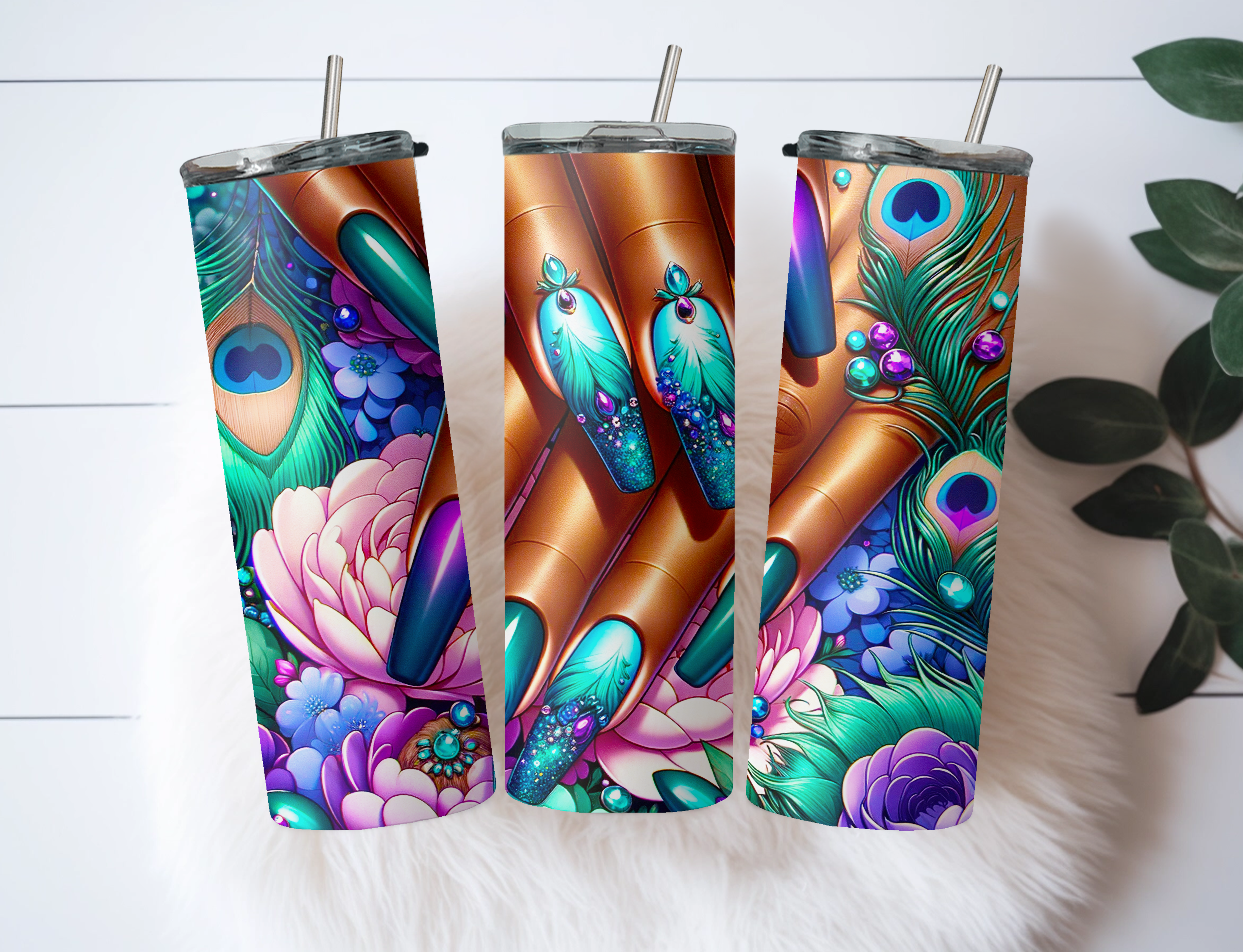 Peacock Nail Art Stainless Steel Skinny Tumbler