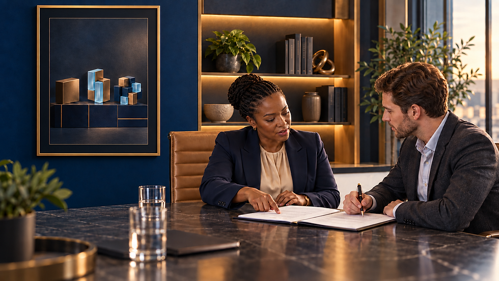 South African HR manager discussing an employment contract with a recruit beside artwork symbolising different staffing options.