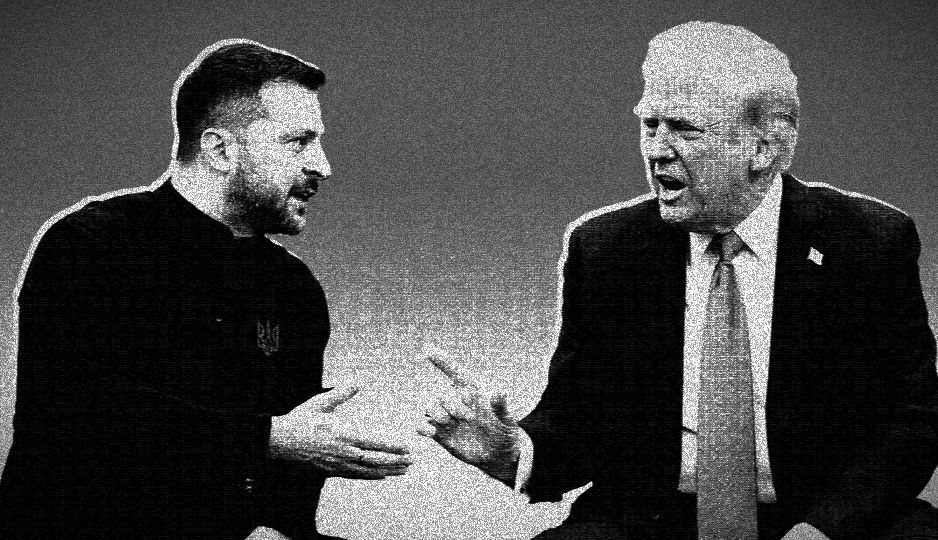 Two men in intense discussion, gesturing passionately. Gray background, black and white effect; one in a suit, the other in a dark shirt.