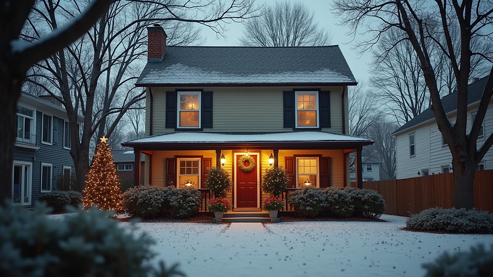 High angle view of a rental property's exterior with seasonal decorations
