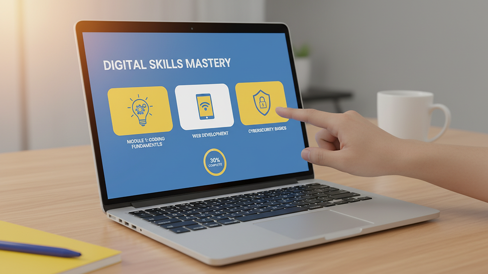 Eye-level view of a laptop with an interactive e-learning course on screen