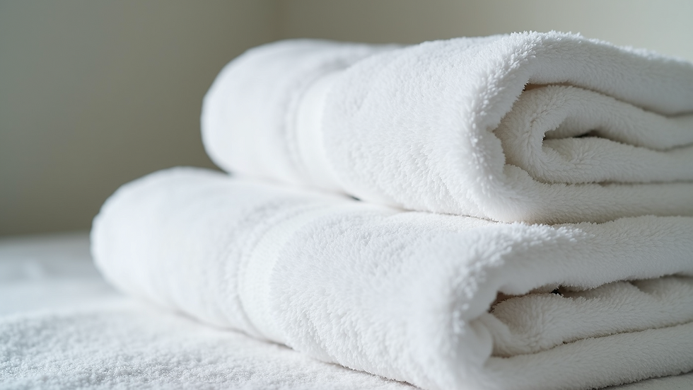 Close-up view of plush white bath towels