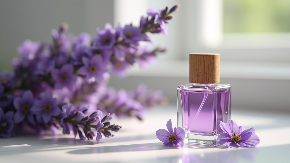 Eye-level view of a bottle of lavender bath oil