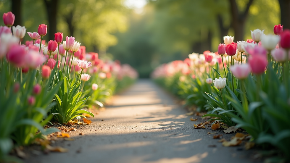 Eye-level view of a serene garden path lined with blooming flowers