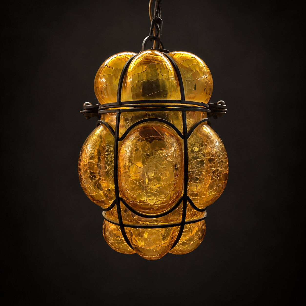 Small Vintage Amber Blown Crackle Glass Caged Lantern with Wrought Iron Frame