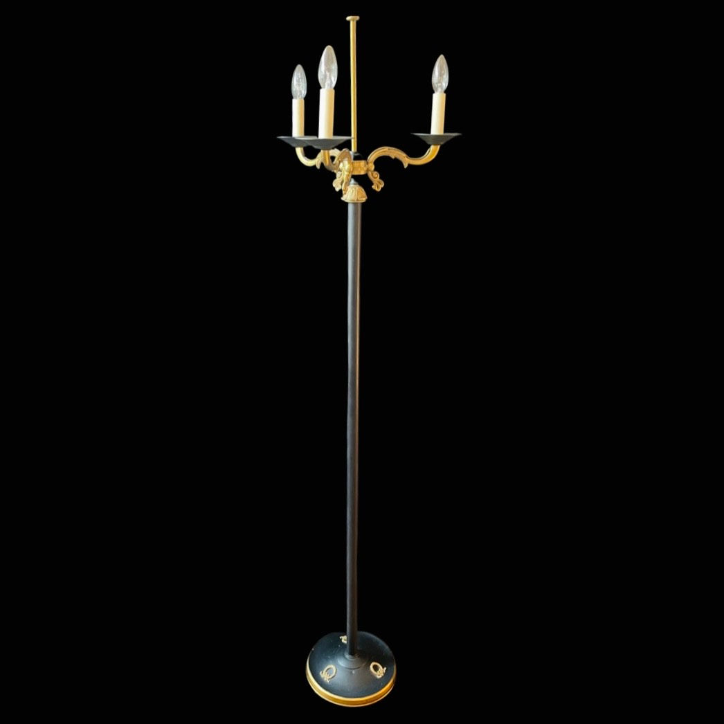 Neoclassical Elegant 1940's 3 Arm Black & Brass Floor Lamp