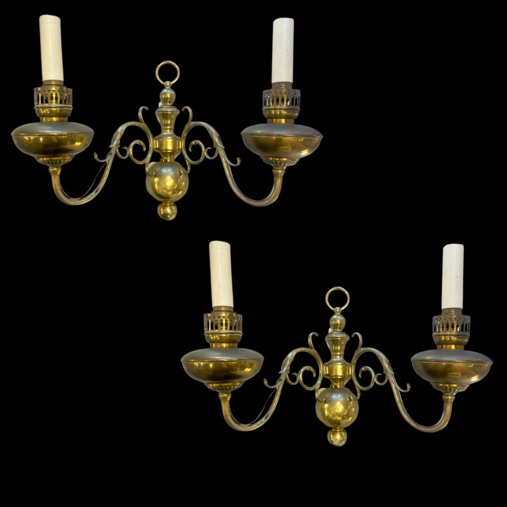 Pair of 1930's Dutch Flemish Brass Wall Sconces