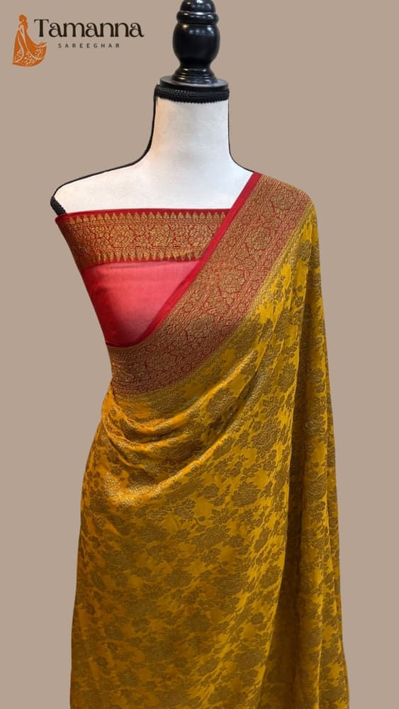 mustard yellow khaddi georgette banarasi saree red border front view