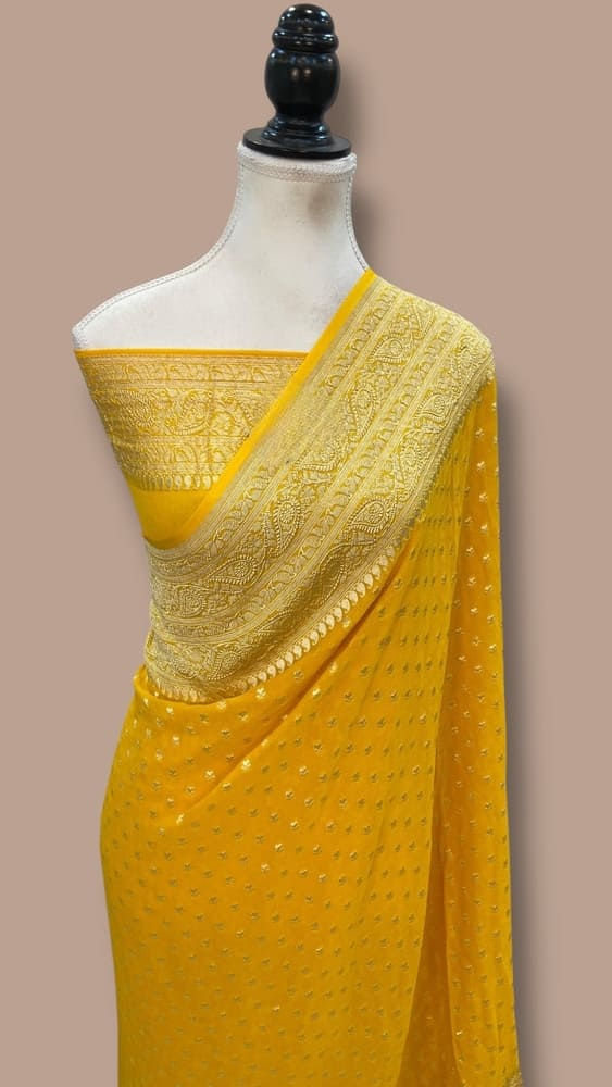 mango yellow  pure khaddi georgette handloom banarasi saree front view