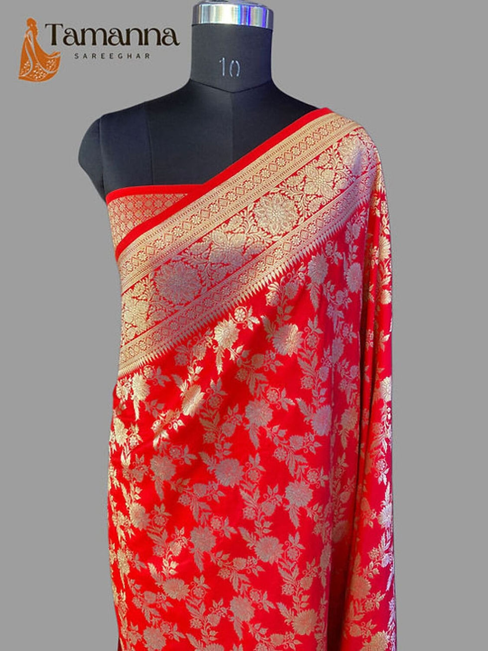 red pure katan silk banarasi saree with zari work front view