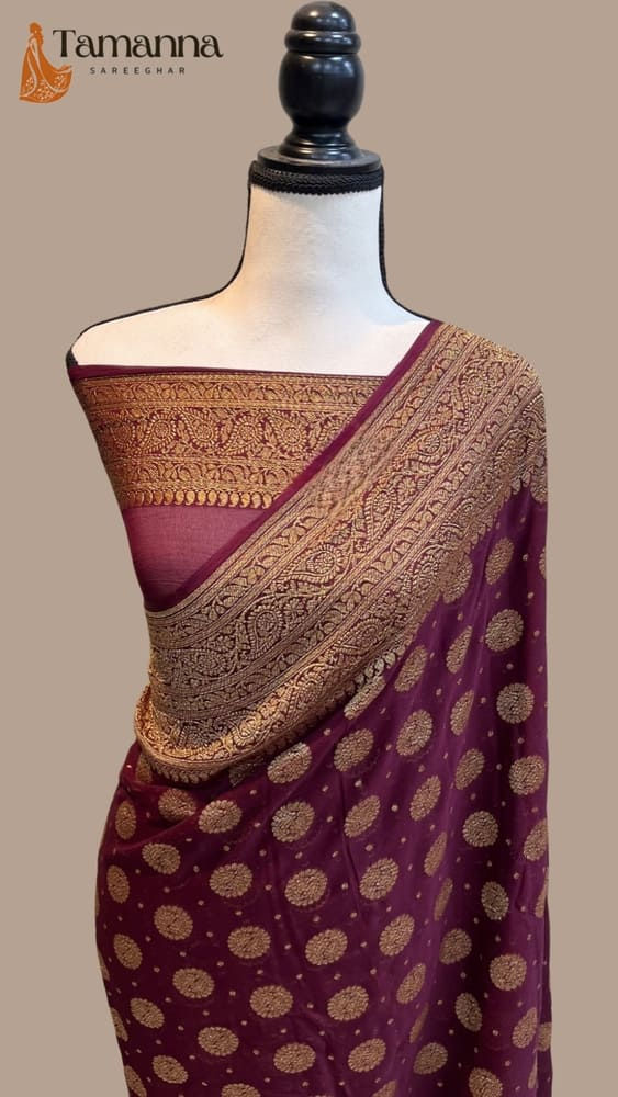 maroon pure khaddi handloom banarasi saree antique zari front view