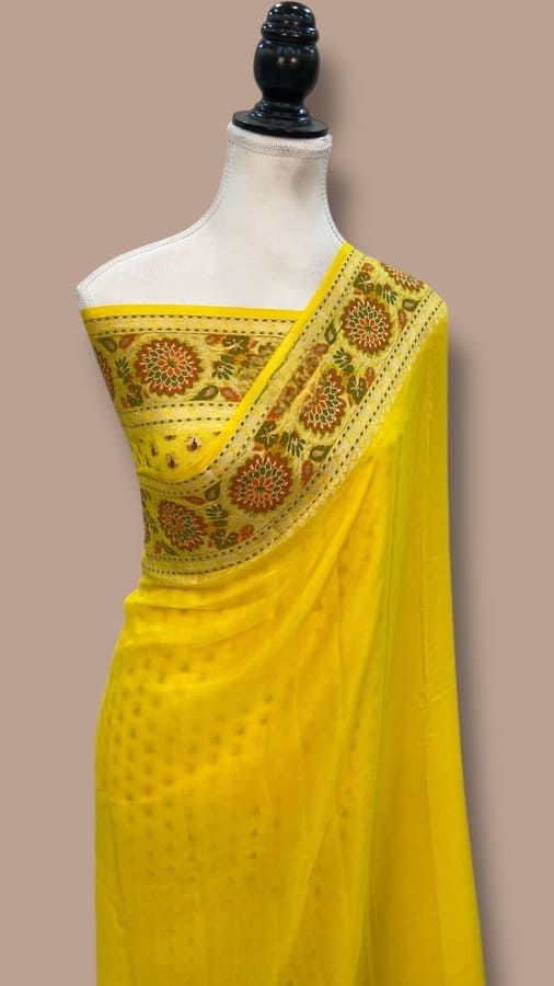 yellow khaddi chiffon handloom banarasi saree front view