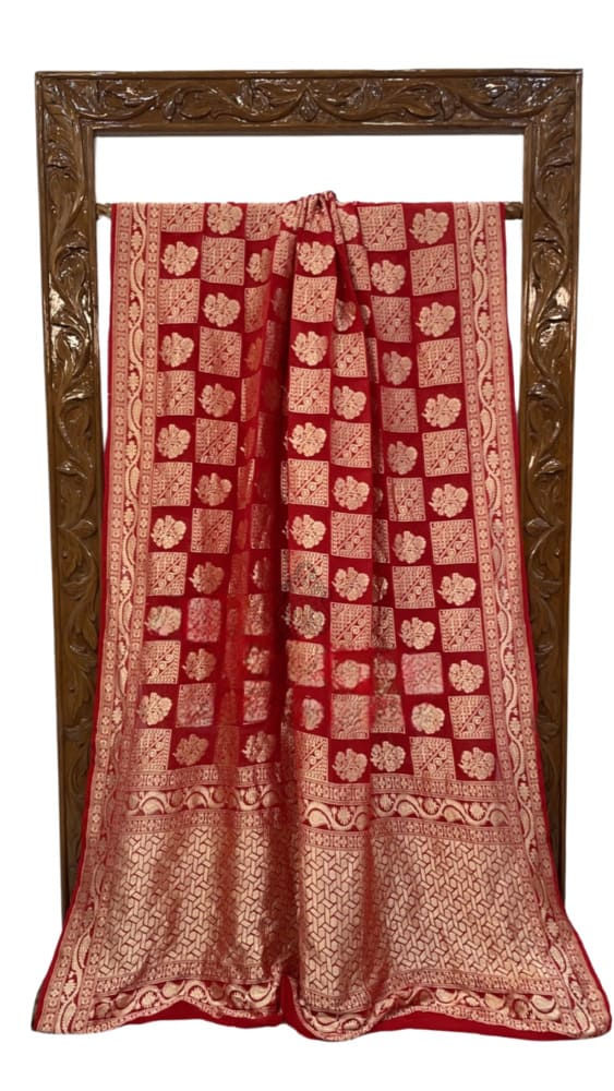 Thumbnail: red pure khaddi georgette banarasi saree pallu view