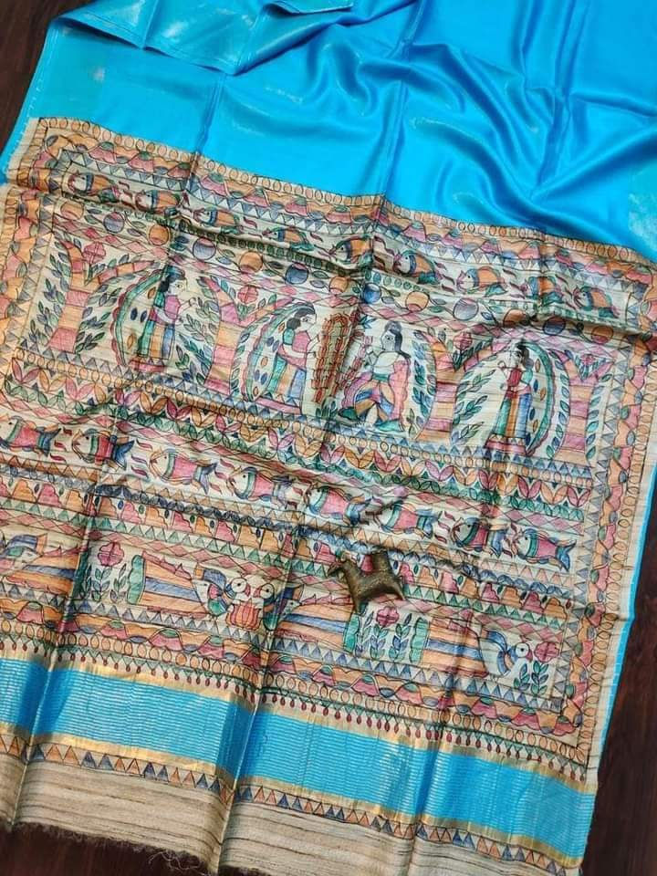 Pure Tusser Ghicha Pallu Anchal Hand painting Handloom Saree