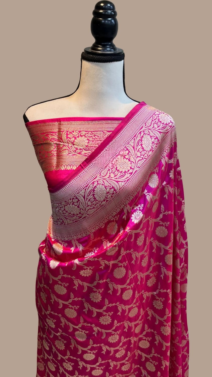 hot pink pure katan silk banarasi allover jaal saree front view