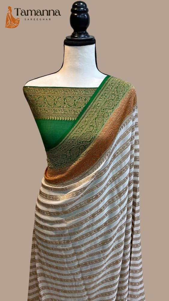 white pure khaddi handloom banarasi saree dual border front view