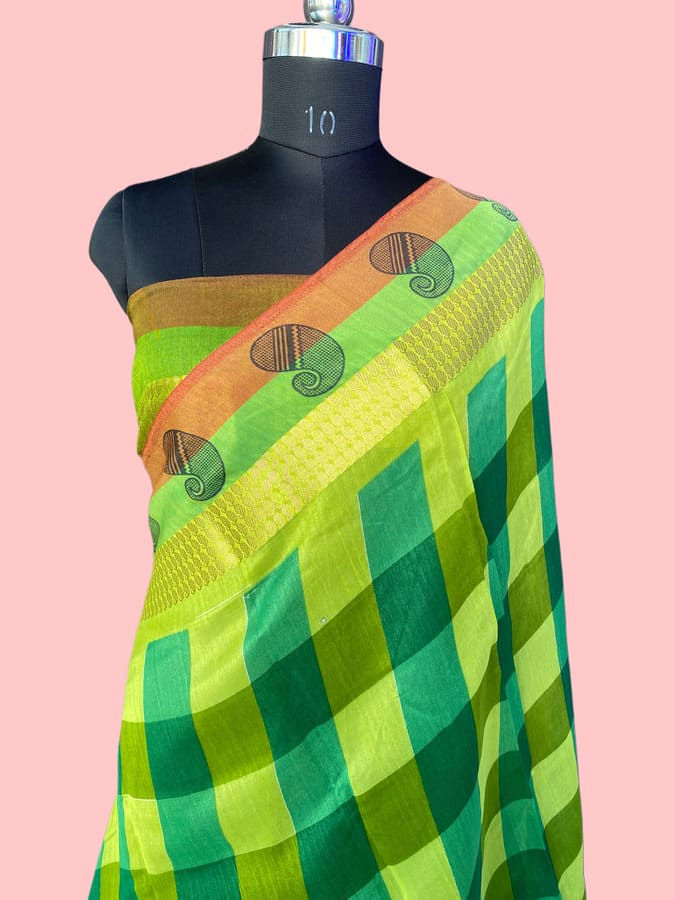 green check pure silk saree front view