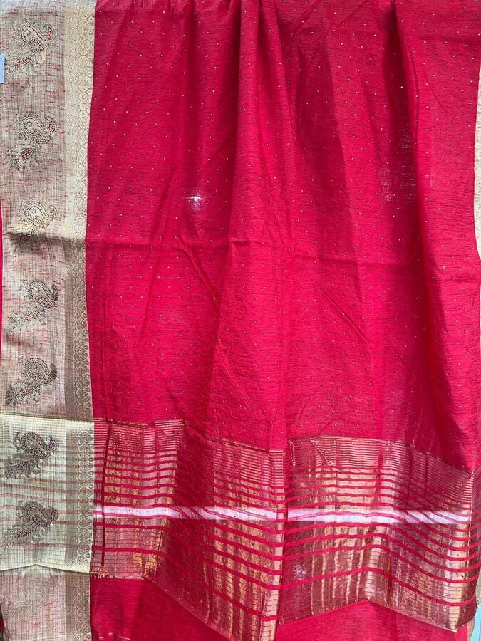 red silk  saree siroski work pallu view