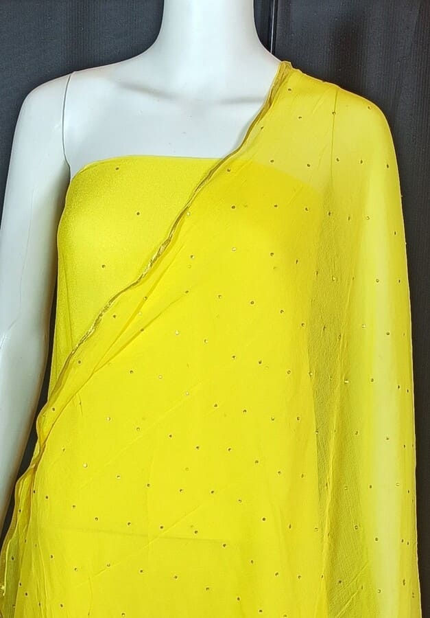 lemon yellow pure chiffon saree  stone work front view
