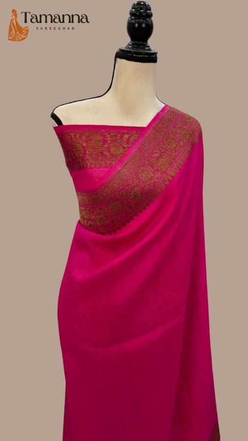 hot pink tussar georgette handloom banarasi saree front view