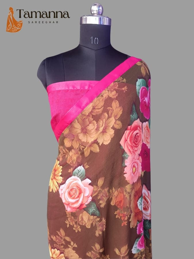 brown laxmipati printed synthetic saree front view