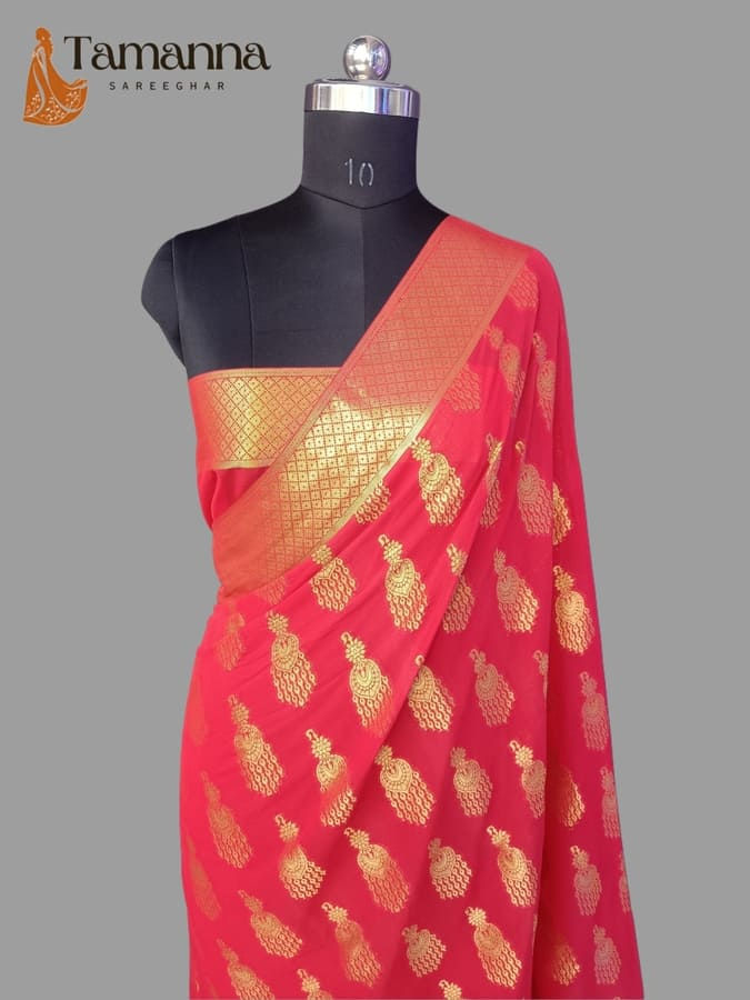red pure chiffon saree gold zari front view