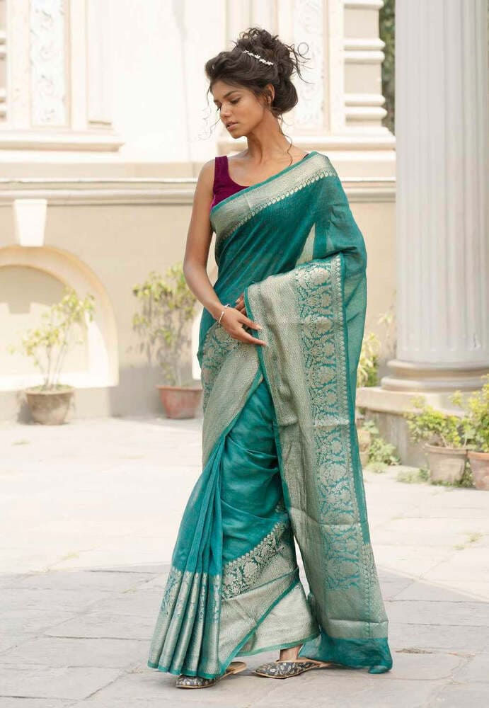 teel grean pure linen banarasi saree full view