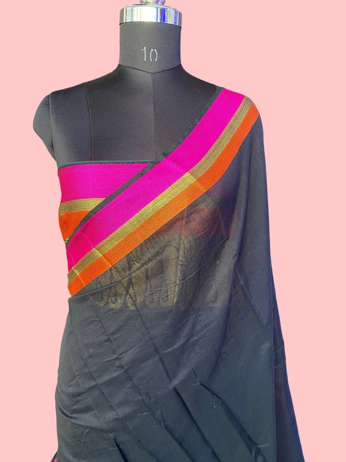 black plain pure silk saree front view