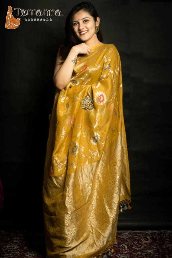 mustard yellow tussar georgette handloom banarasi saree front view