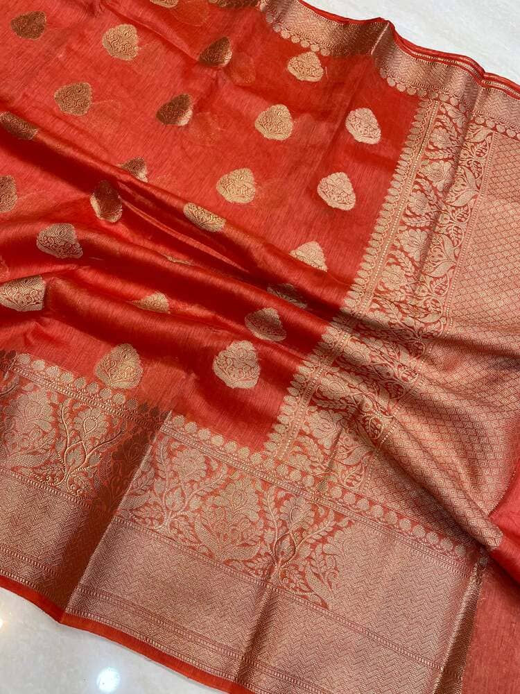 orange pure linen banarasi saree pallu view