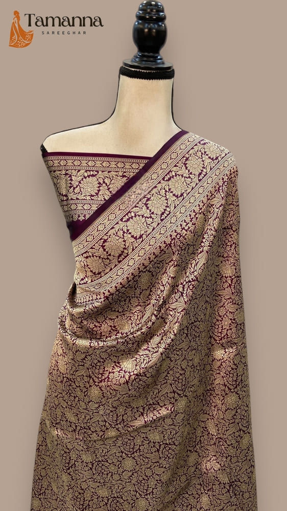 maroon pure katan silk banarasi handloom saree tanchui brocade front view