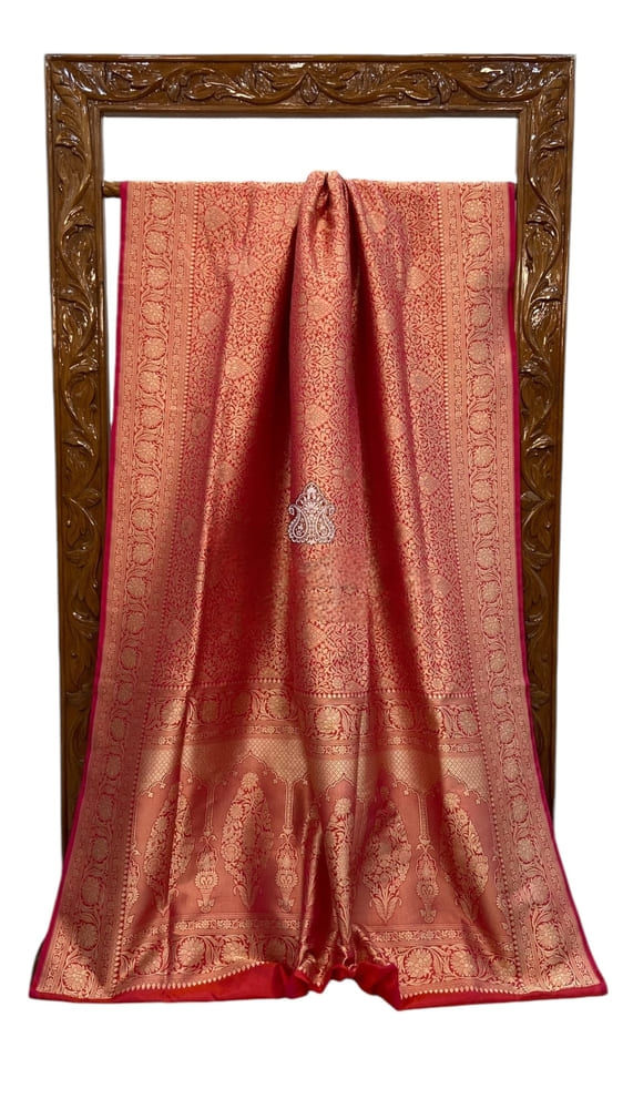red pure katan silk  handloom saree tanchui brocade pallu view